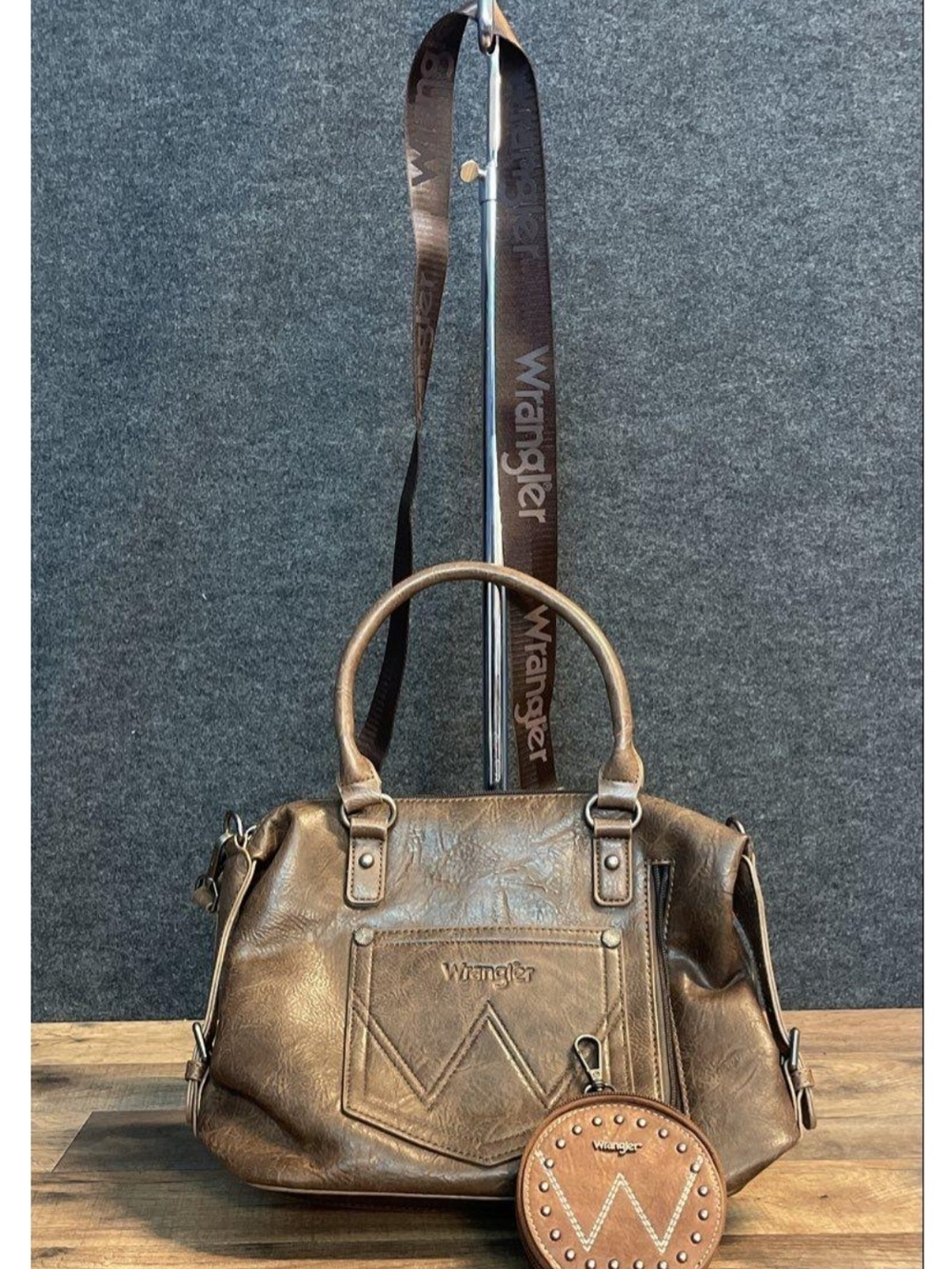Wrangler Brown Leather Satchel with Branded Strap and Coin Purse